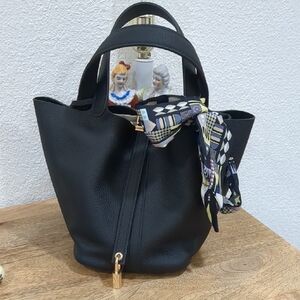 Picotin Style Genuine Leather Small Tote With Mod City Scape Scarf